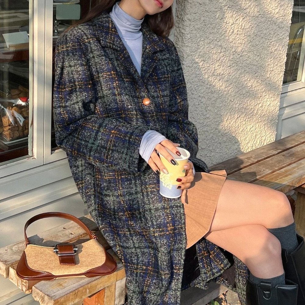 Plaid Lapel Collar Button Front Long Coat Multicolor - Picture 4 of 5